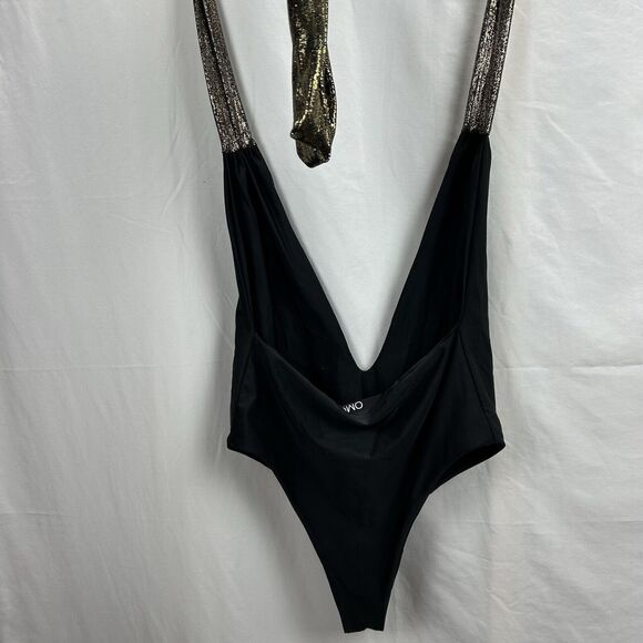 OMG Miami Swimwear Black Swimsuit Size Large Metallic Gold Tie Backs Revealing - Picture 9 of 11